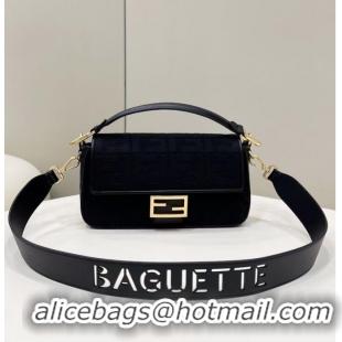 Top Quality Fendi Baguette canvas bag with FF embroidery 8BR600 black