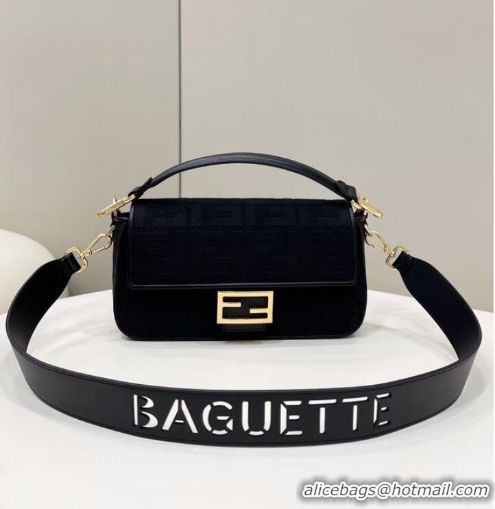 Top Quality Fendi Baguette canvas bag with FF embroidery 8BR600 black