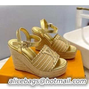 Luxury Louis Vuitton Starboard Wedge Sandal 10cm in LV Raffia and Leather Gold 427104