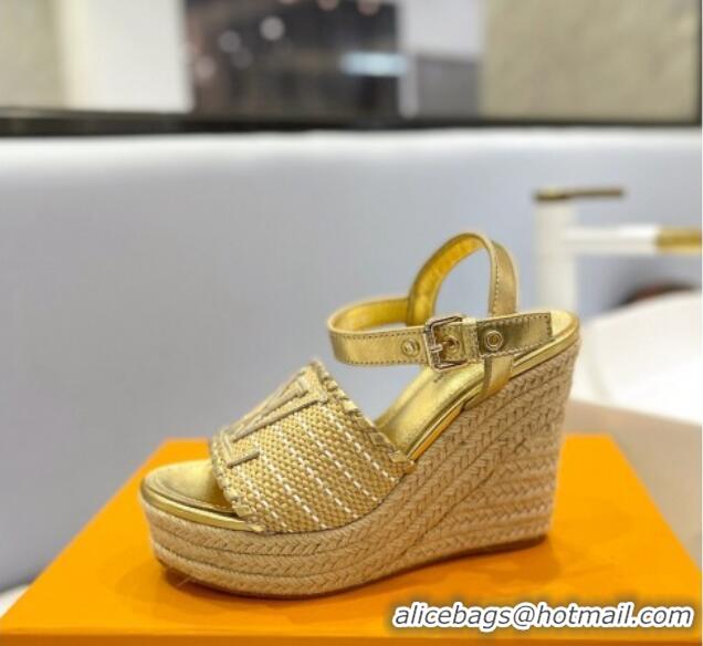 Luxury Louis Vuitton Starboard Wedge Sandal 10cm in LV Raffia and Leather Gold 427104