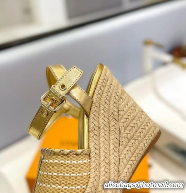 Luxury Louis Vuitton Starboard Wedge Sandal 10cm in LV Raffia and Leather Gold 427104