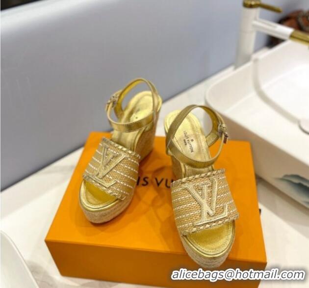 Luxury Louis Vuitton Starboard Wedge Sandal 10cm in LV Raffia and Leather Gold 427104