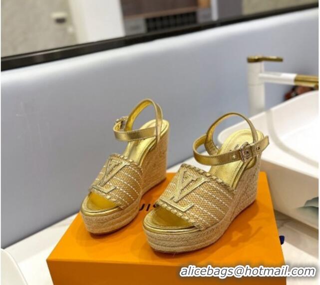 Luxury Louis Vuitton Starboard Wedge Sandal 10cm in LV Raffia and Leather Gold 427104