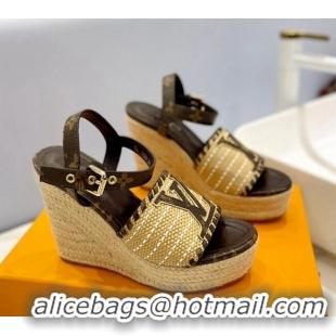 Sumptuous Louis Vuitton Starboard Wedge Sandal 10cm in LV Raffia and Monogram Canvas 0427105