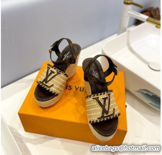 Sumptuous Louis Vuitton Starboard Wedge Sandal 10cm in LV Raffia and Monogram Canvas 0427105