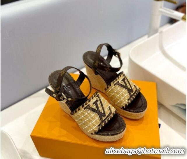 Sumptuous Louis Vuitton Starboard Wedge Sandal 10cm in LV Raffia and Monogram Canvas 0427105