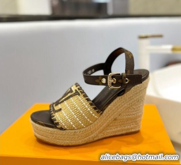 Sumptuous Louis Vuitton Starboard Wedge Sandal 10cm in LV Raffia and Monogram Canvas 0427105