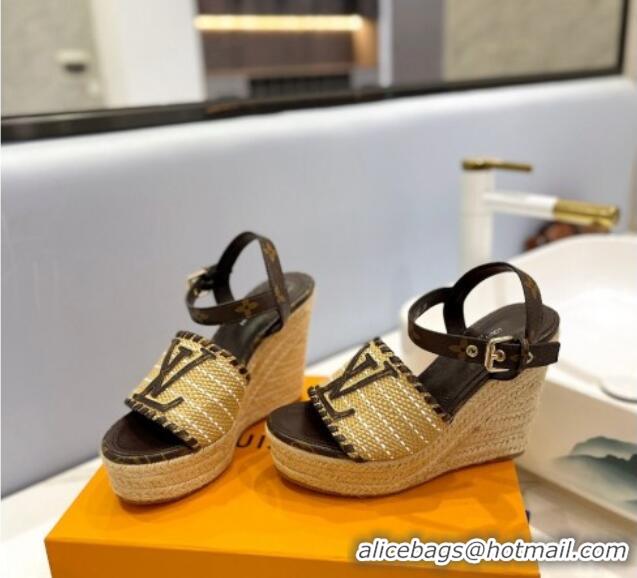 Sumptuous Louis Vuitton Starboard Wedge Sandal 10cm in LV Raffia and Monogram Canvas 0427105