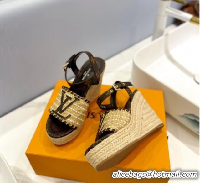 Sumptuous Louis Vuitton Starboard Wedge Sandal 10cm in LV Raffia and Monogram Canvas 0427105