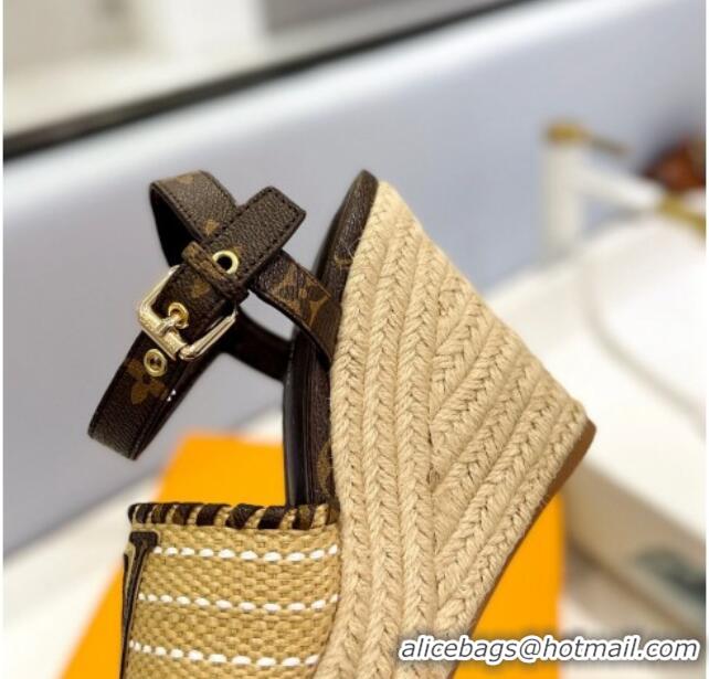 Sumptuous Louis Vuitton Starboard Wedge Sandal 10cm in LV Raffia and Monogram Canvas 0427105