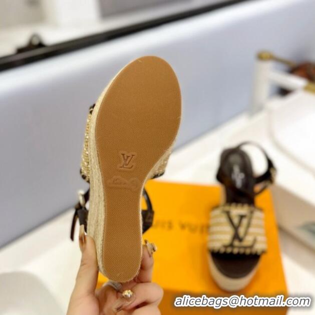 Sumptuous Louis Vuitton Starboard Wedge Sandal 10cm in LV Raffia and Monogram Canvas 0427105