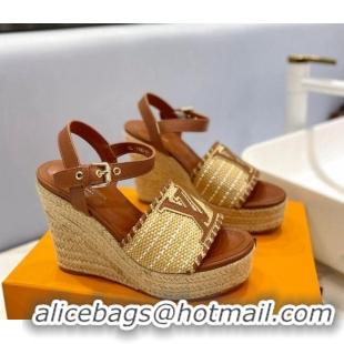 Good Quality Louis Vuitton Starboard Wedge Sandal 10cm in LV Raffia and Leather Brown 427106