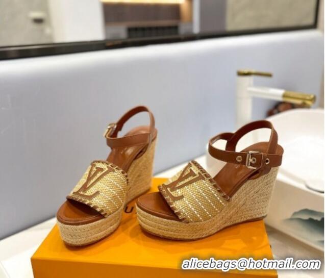 Good Quality Louis Vuitton Starboard Wedge Sandal 10cm in LV Raffia and Leather Brown 427106