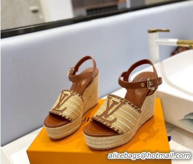 Good Quality Louis Vuitton Starboard Wedge Sandal 10cm in LV Raffia and Leather Brown 427106