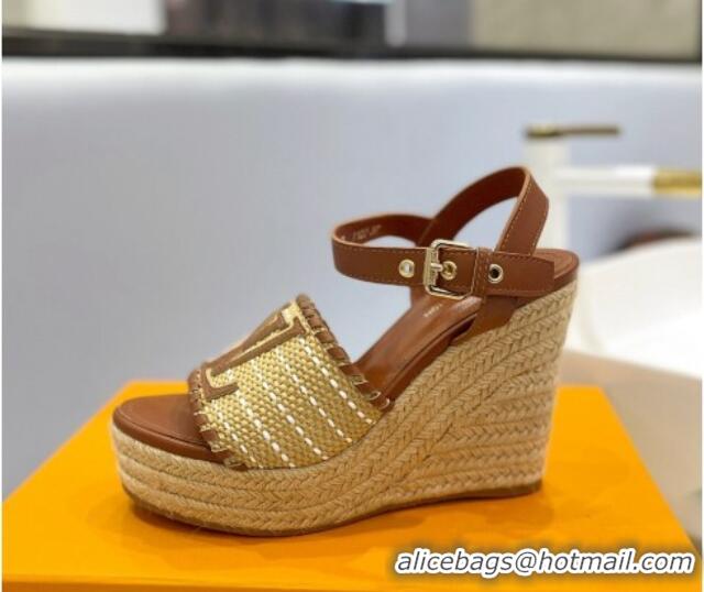 Good Quality Louis Vuitton Starboard Wedge Sandal 10cm in LV Raffia and Leather Brown 427106