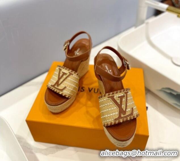 Good Quality Louis Vuitton Starboard Wedge Sandal 10cm in LV Raffia and Leather Brown 427106