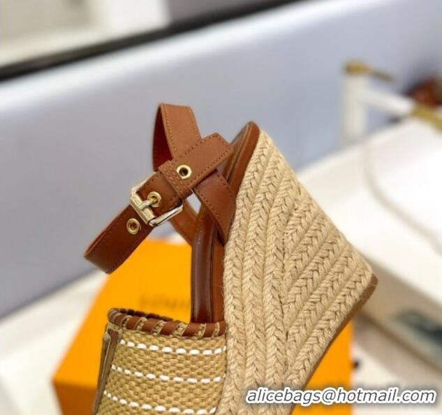 Good Quality Louis Vuitton Starboard Wedge Sandal 10cm in LV Raffia and Leather Brown 427106