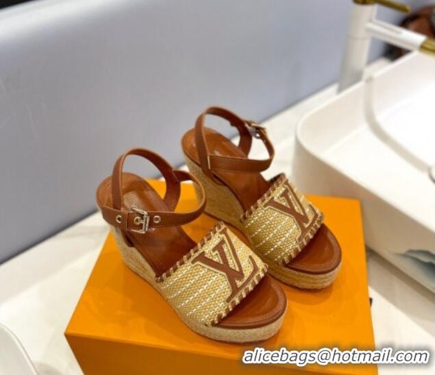 Good Quality Louis Vuitton Starboard Wedge Sandal 10cm in LV Raffia and Leather Brown 427106