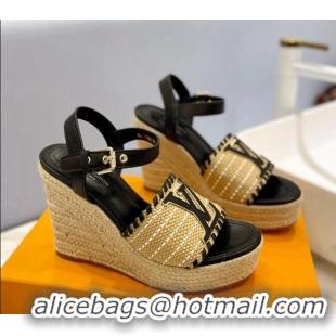 Grade Quality Louis Vuitton Starboard Wedge Sandal 10cm in LV Raffia and Leather Black 427107