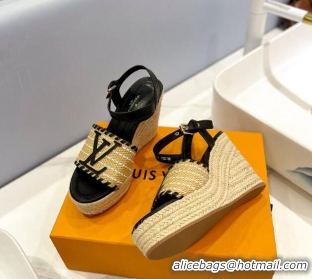 Grade Quality Louis Vuitton Starboard Wedge Sandal 10cm in LV Raffia and Leather Black 427107