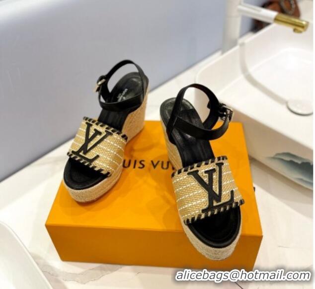 Grade Quality Louis Vuitton Starboard Wedge Sandal 10cm in LV Raffia and Leather Black 427107