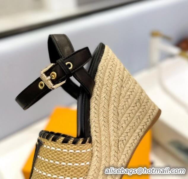 Grade Quality Louis Vuitton Starboard Wedge Sandal 10cm in LV Raffia and Leather Black 427107