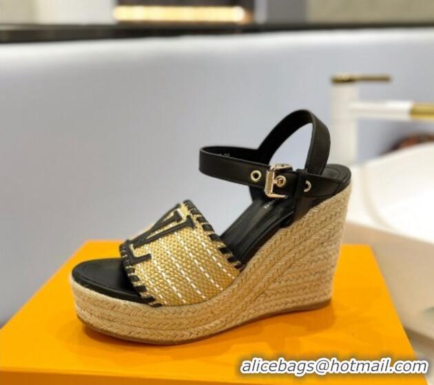 Grade Quality Louis Vuitton Starboard Wedge Sandal 10cm in LV Raffia and Leather Black 427107