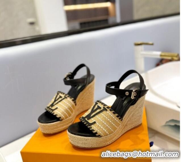 Grade Quality Louis Vuitton Starboard Wedge Sandal 10cm in LV Raffia and Leather Black 427107