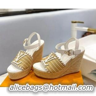 Best Product Louis Vuitton Starboard Wedge Sandal 10cm in LV Raffia and Leather White 427108