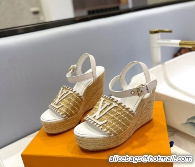 Best Product Louis Vuitton Starboard Wedge Sandal 10cm in LV Raffia and Leather White 427108