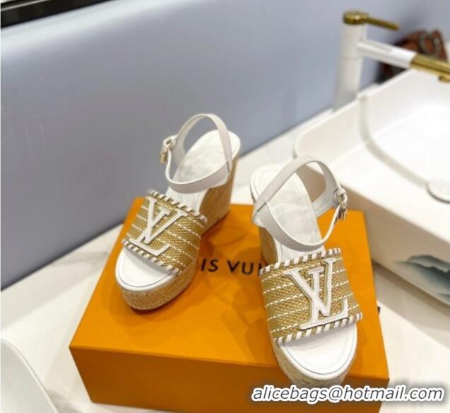 Best Product Louis Vuitton Starboard Wedge Sandal 10cm in LV Raffia and Leather White 427108