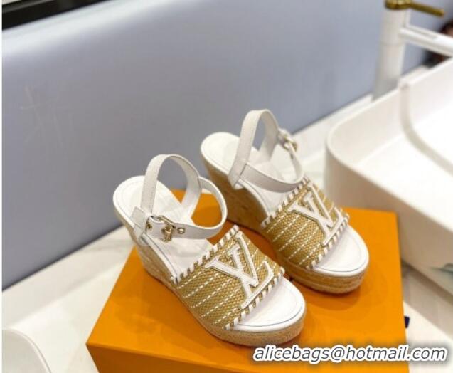 Best Product Louis Vuitton Starboard Wedge Sandal 10cm in LV Raffia and Leather White 427108