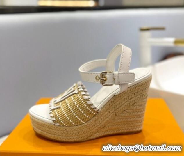 Best Product Louis Vuitton Starboard Wedge Sandal 10cm in LV Raffia and Leather White 427108