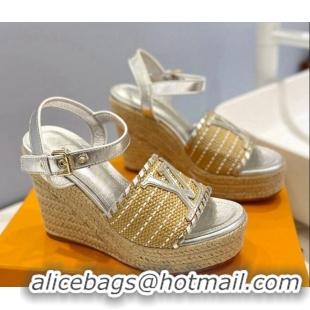 Stylish Louis Vuitton Starboard Wedge Sandal 10cm in LV Raffia and Leather Silver 0427109