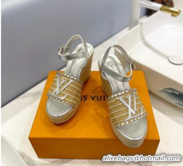 Stylish Louis Vuitton Starboard Wedge Sandal 10cm in LV Raffia and Leather Silver 0427109