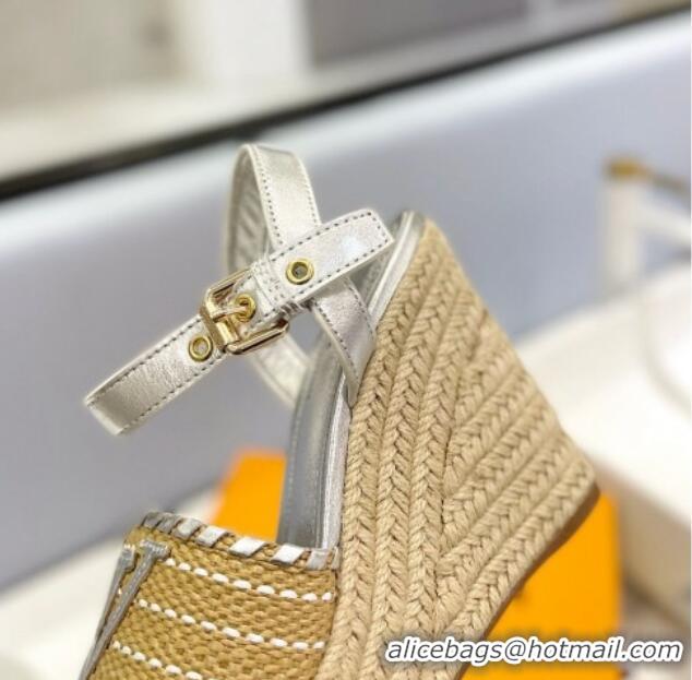 Stylish Louis Vuitton Starboard Wedge Sandal 10cm in LV Raffia and Leather Silver 0427109