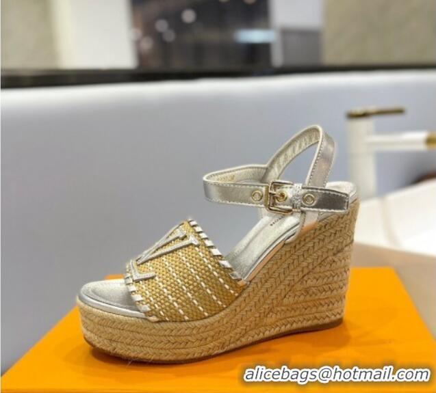 Stylish Louis Vuitton Starboard Wedge Sandal 10cm in LV Raffia and Leather Silver 0427109