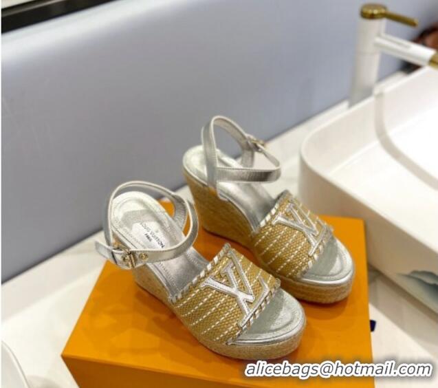 Stylish Louis Vuitton Starboard Wedge Sandal 10cm in LV Raffia and Leather Silver 0427109