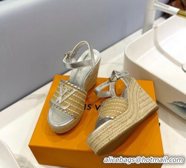 Stylish Louis Vuitton Starboard Wedge Sandal 10cm in LV Raffia and Leather Silver 0427109