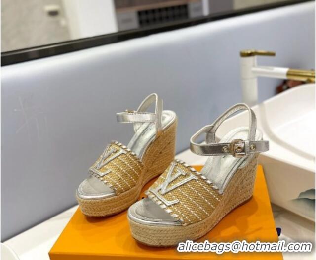 Stylish Louis Vuitton Starboard Wedge Sandal 10cm in LV Raffia and Leather Silver 0427109