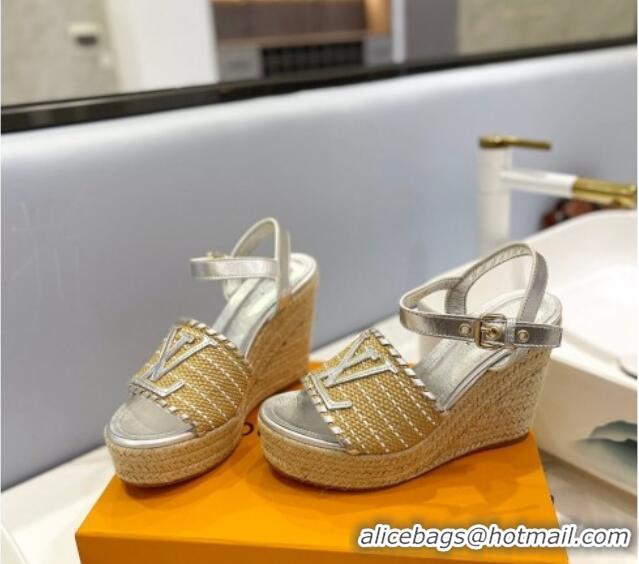 Stylish Louis Vuitton Starboard Wedge Sandal 10cm in LV Raffia and Leather Silver 0427109