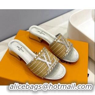 Grade Quality Louis Vuitton Starboard Heel Slide Sandal 4cm in LV Raffia and Leather Silver 427110