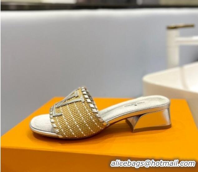 Grade Quality Louis Vuitton Starboard Heel Slide Sandal 4cm in LV Raffia and Leather Silver 427110