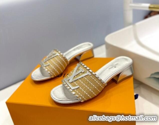 Grade Quality Louis Vuitton Starboard Heel Slide Sandal 4cm in LV Raffia and Leather Silver 427110