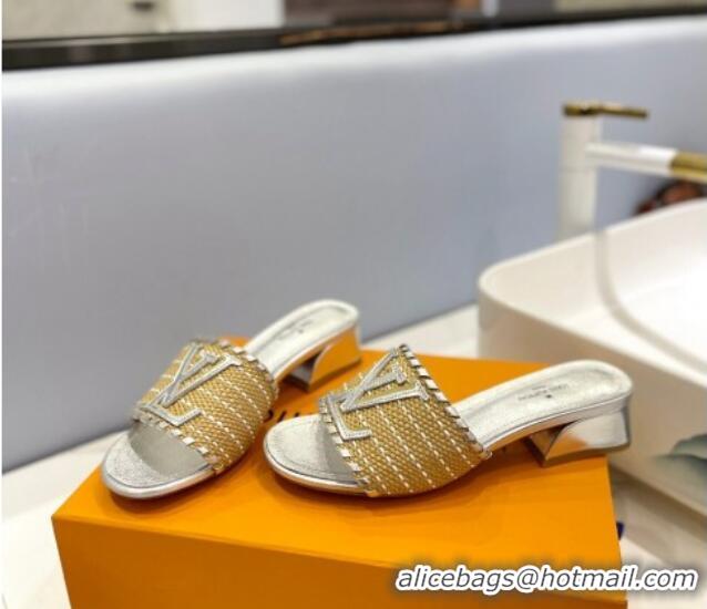 Grade Quality Louis Vuitton Starboard Heel Slide Sandal 4cm in LV Raffia and Leather Silver 427110