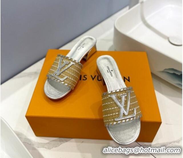 Grade Quality Louis Vuitton Starboard Heel Slide Sandal 4cm in LV Raffia and Leather Silver 427110