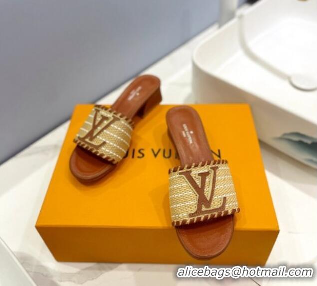 Best Price Louis Vuitton Starboard Heel Slide Sandal 4cm in LV Raffia and Leather Brown 427112