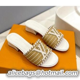 Unique Style Louis Vuitton Starboard Heel Slide Sandal 4cm in LV Raffia and Leather White 427114