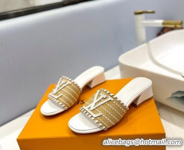 Unique Style Louis Vuitton Starboard Heel Slide Sandal 4cm in LV Raffia and Leather White 427114