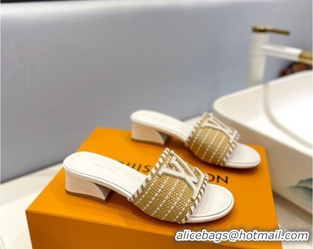 Unique Style Louis Vuitton Starboard Heel Slide Sandal 4cm in LV Raffia and Leather White 427114